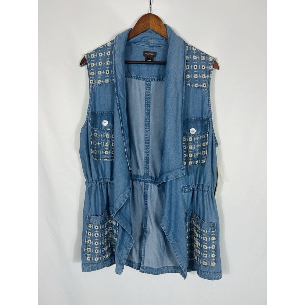 Multiples Womens Chambray Denim Open Vest Size XL Crochet Patchwork Boho Country